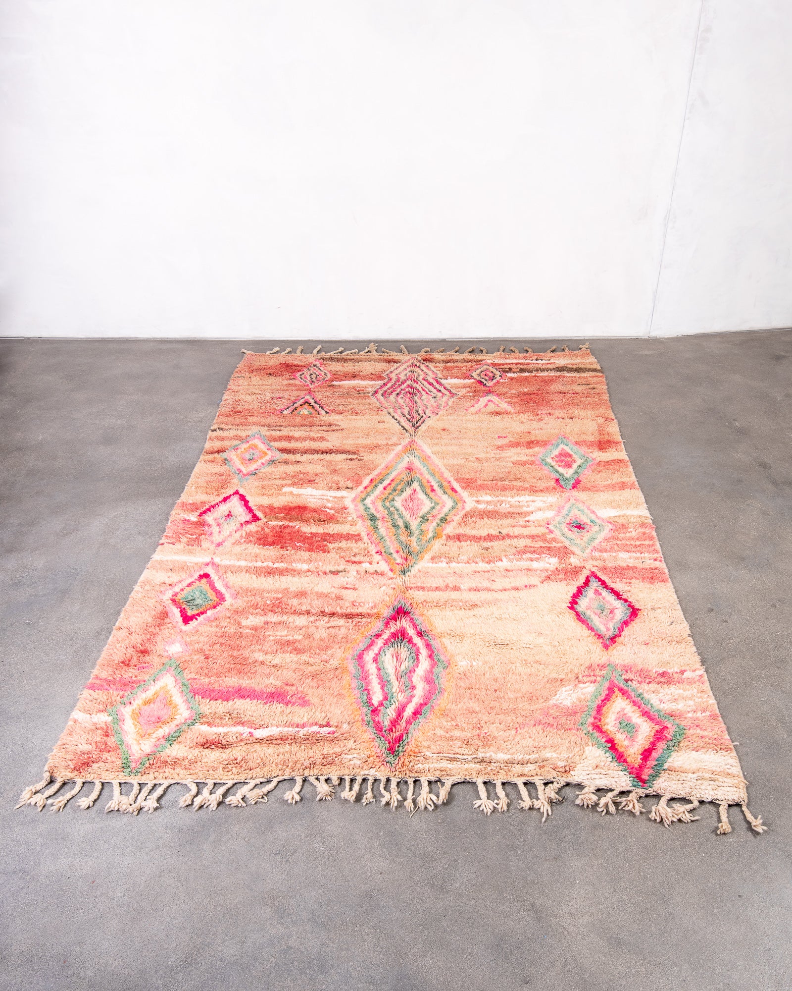 Modern, designer, handcrafted Berber rug from Morocco. Vintage carpet with beautiful colours and patterns and fluffy texture.